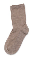 Pair of brown socks isolated on white, top view