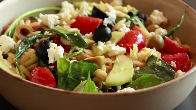 Close-up video of mixing a delicious orzo salad with fresh ingredients
