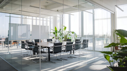 Eco-Friendly Open Plan Modern Office Interior With Meeting Room. Wooden Meeting Table, Yellow Chairs, Plants And Parquet Floor meeting office business meeting.