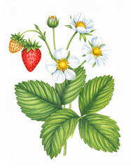 Ilustracja vintage, kwiaty i owoce Poziomki na białym tle. Generative AI