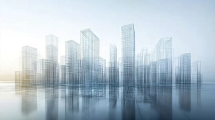 Obraz premium modern city skyline depicted in transparent wireframe style, showcasing urban planning concepts