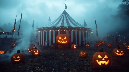 Eerie night circus with jack-o'-lanterns and foggy atmosphere