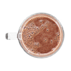 Tasty chocolate milk in glass cup isolated on white, top view