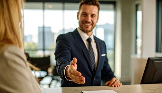 Friendly receptionist in a high-rise office building greeting clients at the front desk 