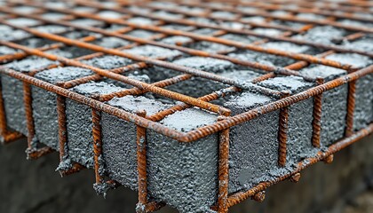 Rusty rebar grid in wet concrete