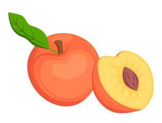 Peach cartoon illustration. Juicy peach, summer peach emoji, fruit, food icon. Vector Illustration isolated on white