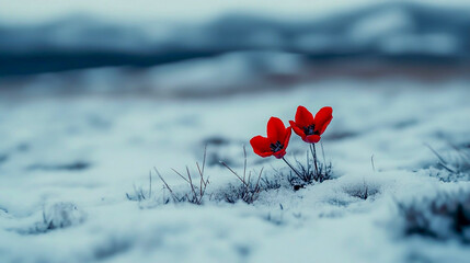 Naklejka premium Few red flowers grow on the snow and there