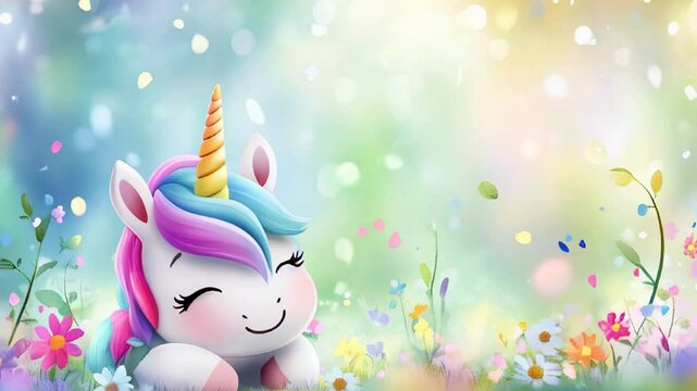 Adorable unicorn with rainbow mane in enchanting garden setting.