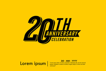20th years anniversary celebration emblem. black logo isolated with ribbon on yellow background. vector illustration template design for web, flyers, poster, greeting card and invitation card   © thitiwat
