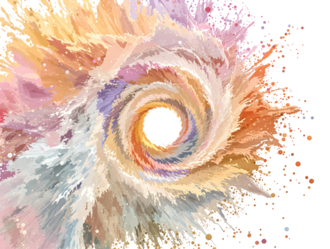 Dynamic abstract explosion of soft pastel colored powder swirling around a central point isolated on transparent or white background