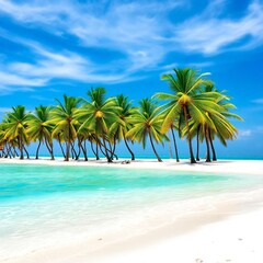 Fototapeta premium A coconut palm tree graces the sandy tropical beach where the turquoise sea meets the island sky