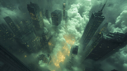 Obraz premium Dramatic view of city skyscrapers shrouded in fog and illuminated by city lights