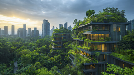 Fototapeta premium Eco friendly cityscape with modern office buildings surrounded by lush greenery and trees