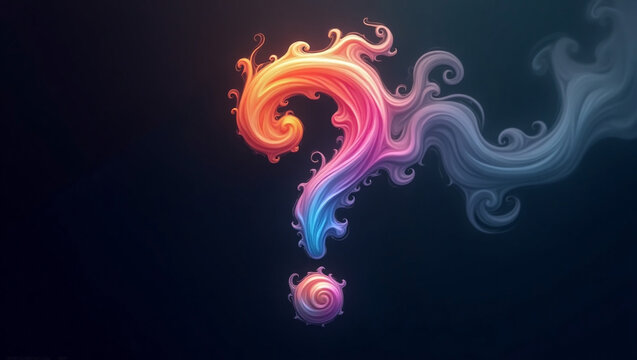 The Enigmatic Question Mark: A captivating and vibrant illustration of a question mark formed from swirling, colorful smoke against a dark background, symbolizing curiosity and uncertainty.