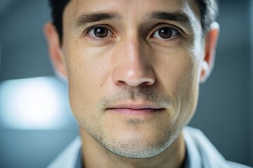 Fototapeta premium Close-up portrait of a person with short dark hair and contemplative expression. Soft lighting highlights facial features and the out-of-focus background enhances the subject's prominence