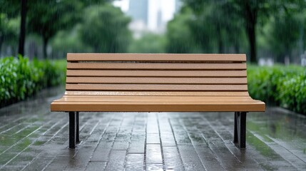 Empty park bench on a rainy day