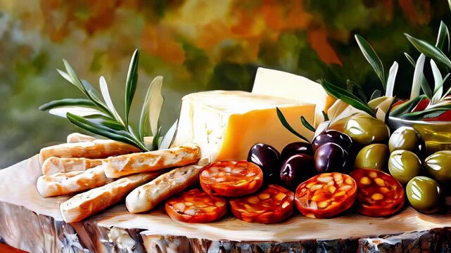 Gourmet cheese board with sausage, olives, and breadsticks on wooden platter.