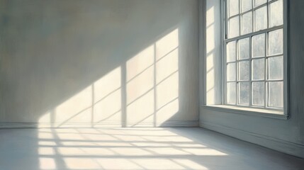 Fototapeta premium Sunlit empty room with large windows creating patterns on the floor