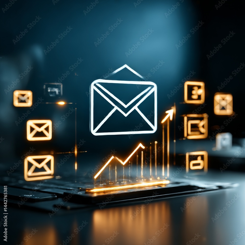Fototapete email marketing surge: visualizing growth with a glowing envelope icon and rising graph on a sleek, 