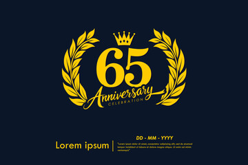 65th years anniversary celebration emblem. yellow anniversary logo isolated with laurel wreath and crown on dark background. vector illustration template design for web, flyers, poster, greeting card