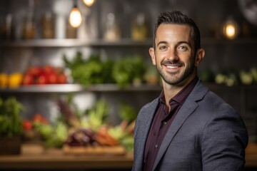 Smiling man in formal attire stands in a kitchen, surrounded by fresh vegetables on shelves. Warm lighting and soft focus create a welcoming and vibrant atmosphere. Business and culinary theme