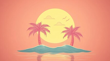 Fototapeta premium Vibrant Sunset Over Tropical Island with Palm Trees and Calm Waves, Ideal for Summer Themes and Relaxation