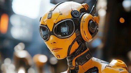 Futuristic yellow robot with headphones in urban setting