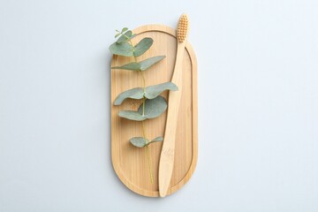 Bamboo toothbrush and eucalyptus branch on white background, top view