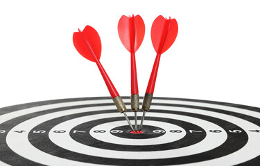 Targeting. Dart board with arrows isolated on white