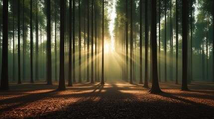 Obraz premium The scene depicts a serene forest with tall trees, dramatic shadows, and a mystical atmosphere, blending natural green and brown colors.