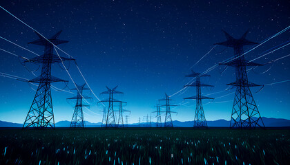 High-voltage power lines at night under starry sky, electricity transmission network, energy infrastructure, power supply system, urban electrification, night grid, utility landscape. Generative Ai