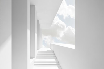 Obraz premium A minimalist white architectural pathway leads to a sky view, featuring a stairway and columns Light streams into the space