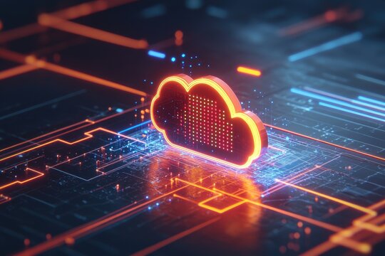 Cloud computing icon, glowing brightly on a circuit board  The cloud is formed of a grid of lights  Electronic components are visible around it