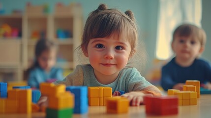 Caucasian young girl in classroom playing with colorful building blocks
