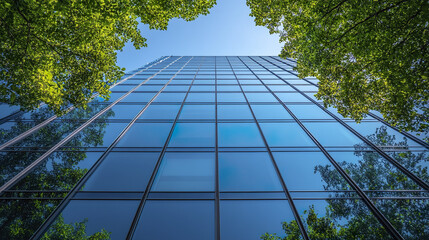 Modern office tower with blue glass windows surrounded by lush green trees, creating serene