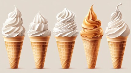 Variety of soft serve ice cream cones in waffle cones against beige background