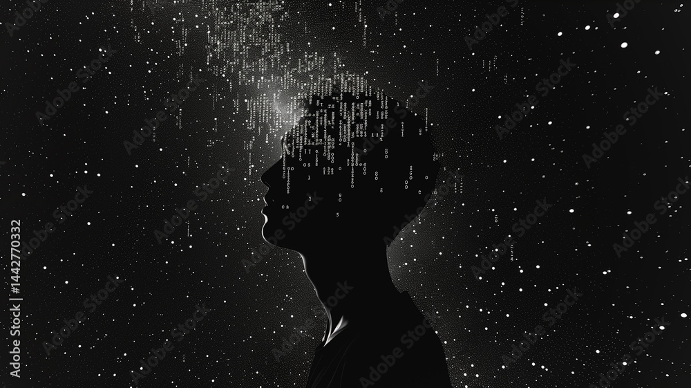 Poster this silhouette reflects the integration of mind and data as consciousness ascends into space.