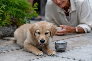 Fototapeta na wymiar A golden retriever puppy curiously interacts with a decorative bowl, showcasing its playful nature and the bond shared between pets and humans in a warm environment.