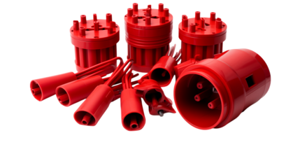 A group of red distributor caps and spark plug boots on a black background