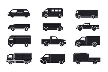 Vehicle icons; transportation; delivery; silhouettes; white background; website design