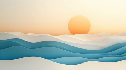 Serene Abstract Ocean Waves with Soft Curves and Gentle Sunrise Background in Pastel Tones