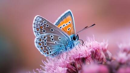 Obraz premium Detailed close-up of blue butterfly with vibrant orange spots on pink flowers