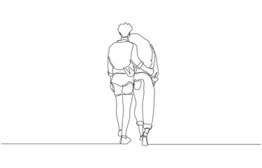 Continuous one line drawing of couple hugging while walking, romantic couple concept, single line art