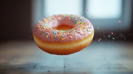 Floating pink frosted donut with colorful sprinkles in sunlit room