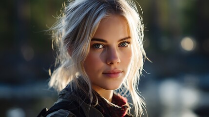 Naklejka premium Close-up portrait of a young woman with blonde hair and blue eyes