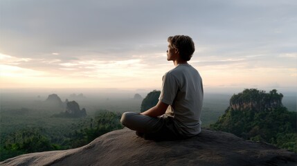 Young Man Meditating on a Rock Overlooking Lush Green Landscape During Sunrise Under Dramatic Clouds