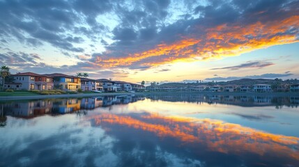 Colorful sunset reflecting on tranquil lake homes.