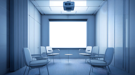 Fototapeta premium Modern Business Presentation Setup with Projector, Screen, and Sleek Furniture