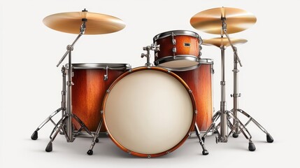 Classic wooden drum set with cymbals on white background