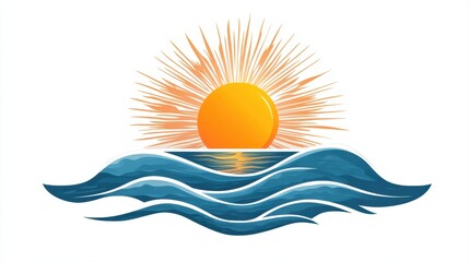 Obraz premium Bright Orange Sun Rising Over Stylized Blue Waves with Sunburst Illustration